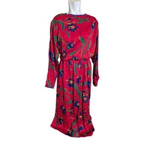 Flora Kung VTG 80s Floral Dress Silk Asian Inspired Midi Dress Red sz 2-4
